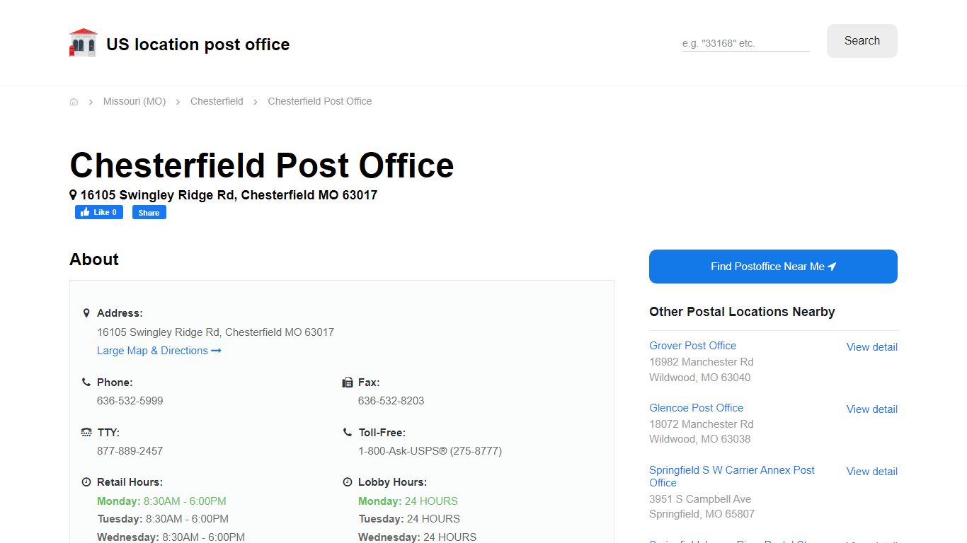 Chesterfield Post Office, MO 63017 - Hours Phone Service and Location